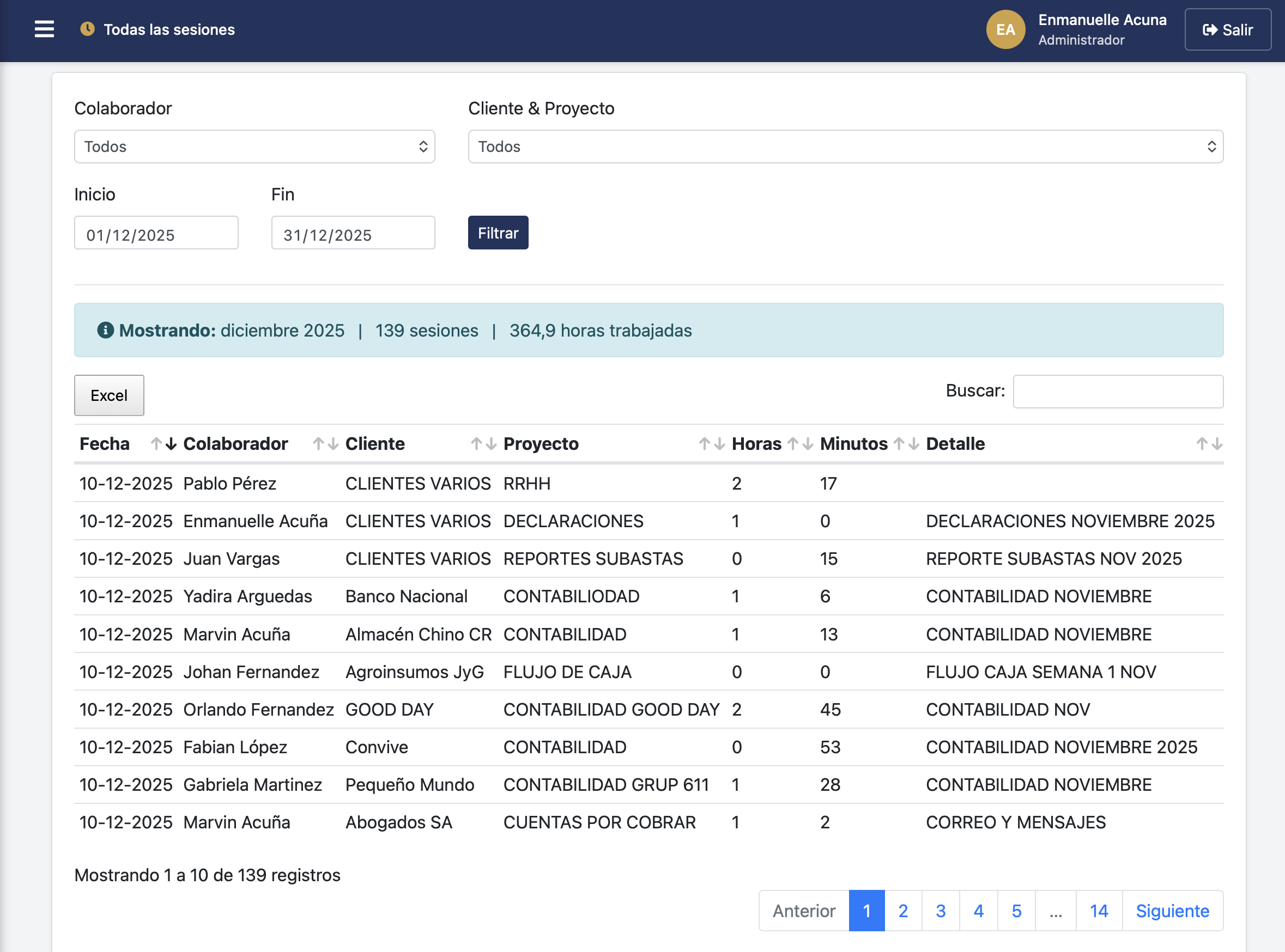 Vista de todas las sesiones en Plani